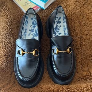Designer Inspired Black Leather Horsebit Lug Sole Loafers